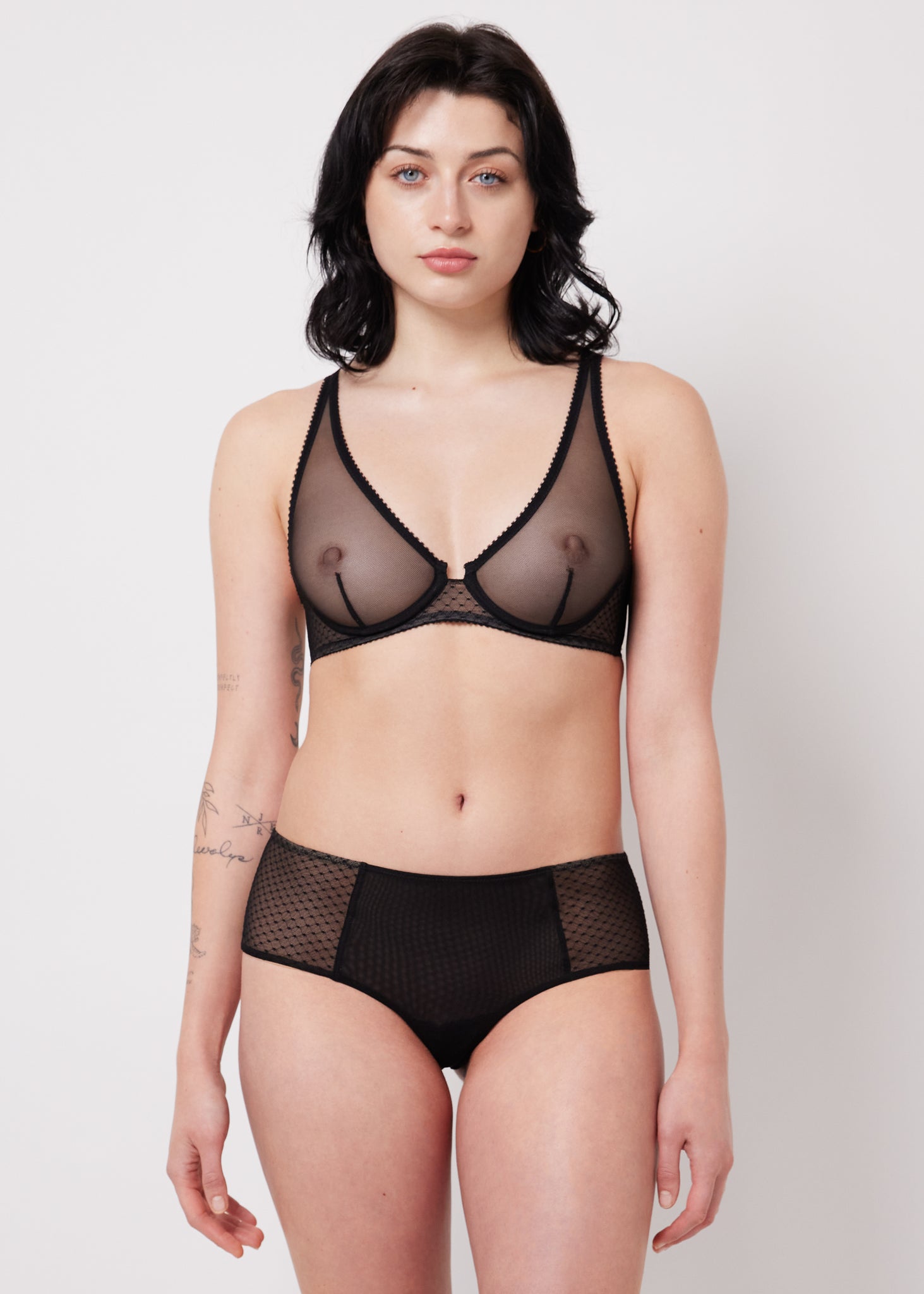 Verdant Intimates Underwire Sheer Plunge Bra in Dotted Mesh Luxury Lingerie Made in NYC USA
